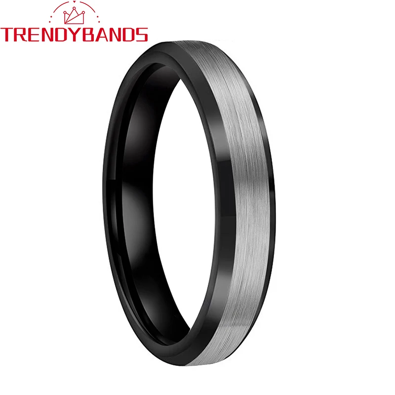 

4mm Engagement Rings Tungsten Carbide Wedding Bands For Women Men Black Beveled Edges Brushed Finish Comfort Fit