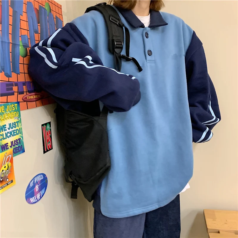 

sweatshirt Korean preppy style button turn-down collar patchwork long sleeve pullover and hoodies Women's Clothing loose