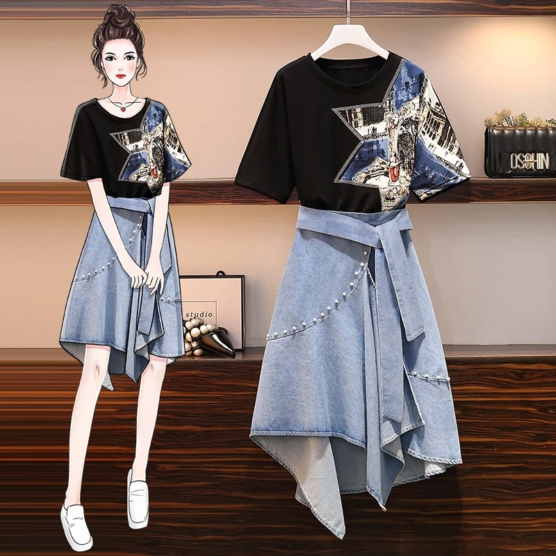 

2021 summer new plus size women's sister western style cover meat thinner jacket denim skirt two-piece suit