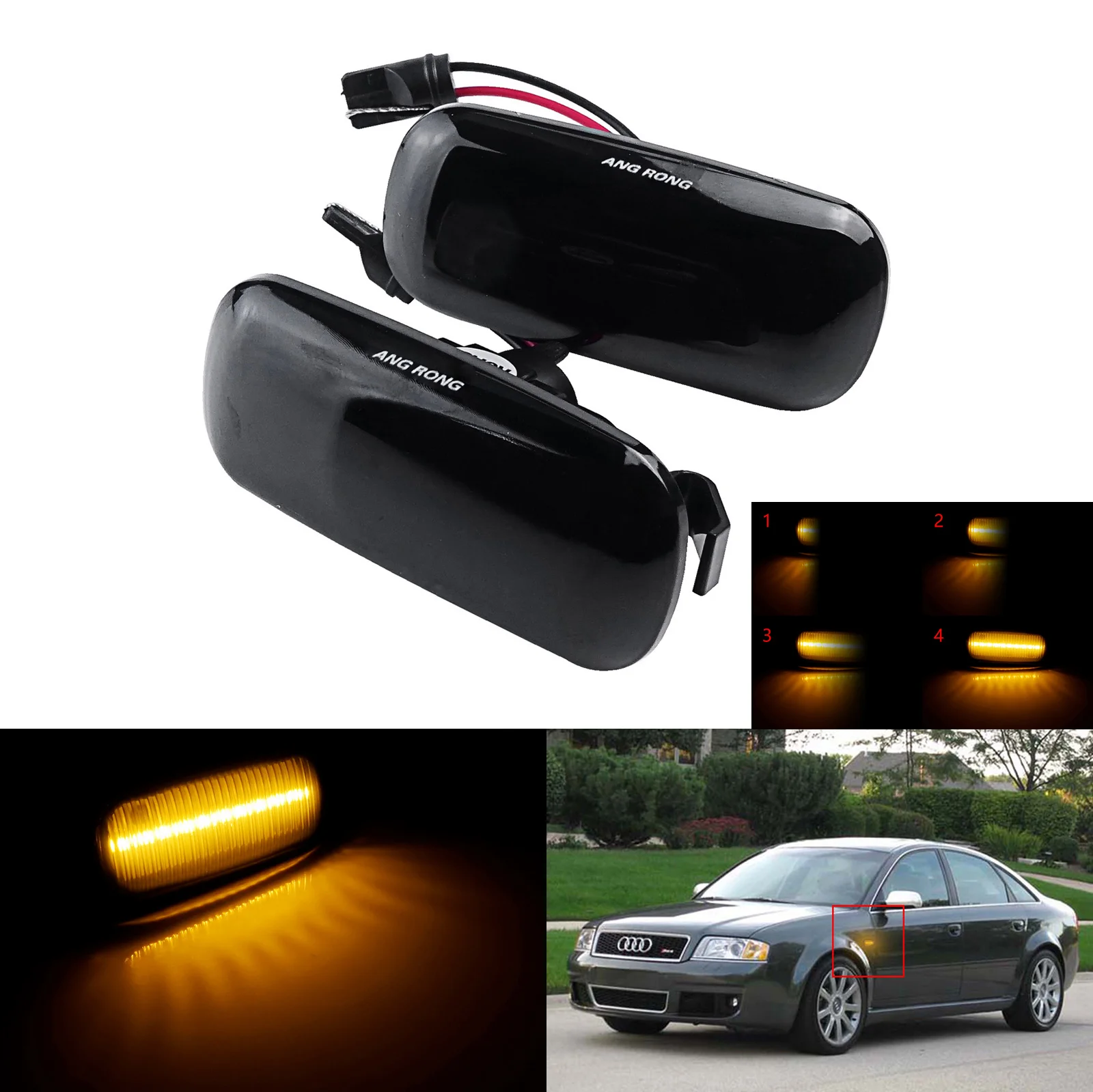 

ANGRONG 2X Amber Dynamic Side Indicator LED Repeater Light Black Lens For Audi A3 A4 RS4 A6 S6 A8