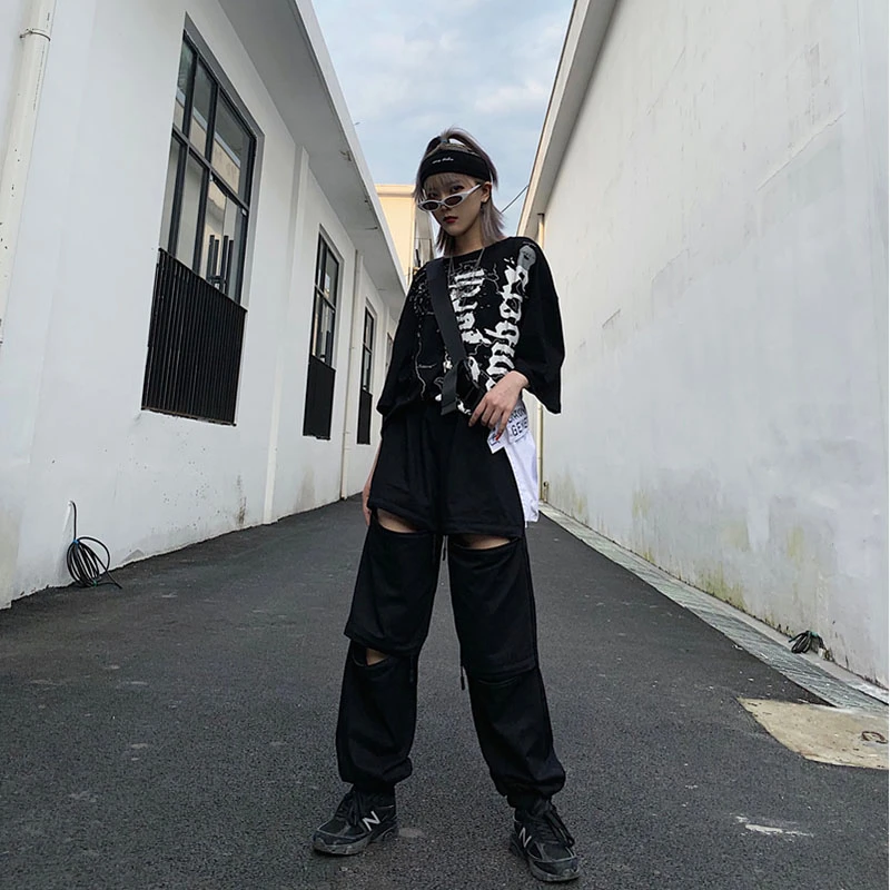 

Hip hop Streetwear Ribbon Patchwork High Waist Pants Women Black Street Style Pockets Hollow Sweatpants Ladies Trousers KZ262