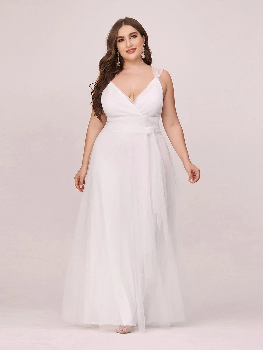 Floor Length Double V Neck Wholesale Tulle Wedding Dresses