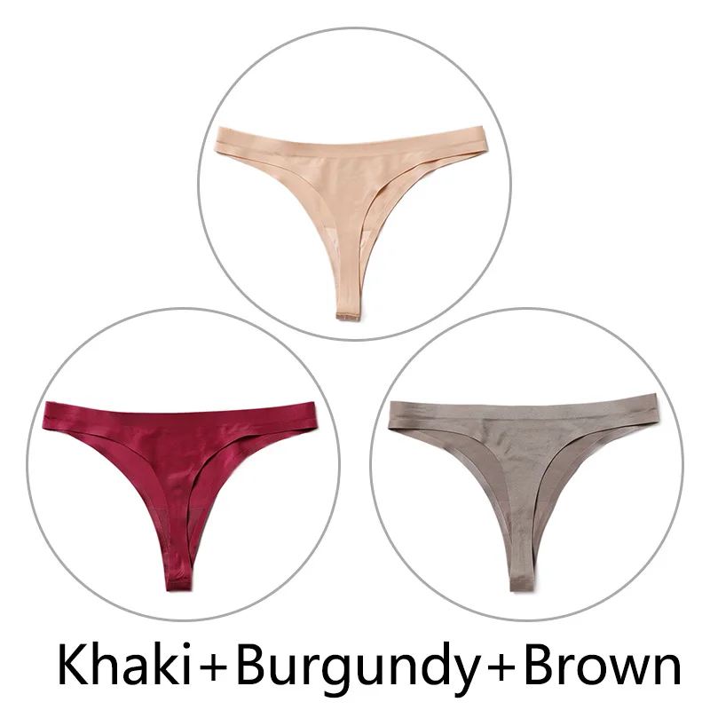 Khaki-Burgundy-Brown 3 шт./партия, Сексуальные Бесшовные прозрачные трусики, женские трусики с низкой талией, трусики-стринги, нижнее белье, женские трусы-танга, стринги большого размера - Цвет: Khaki-Burgundy-Brown