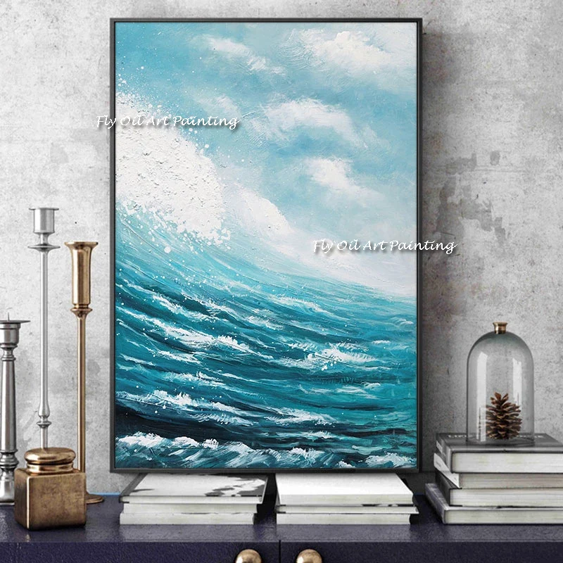 

Large Size 100% Handmade Blue Ocean Waves Oil Painting Wall Pictures White No Frame For Living Room Wall Paintings On Canvas