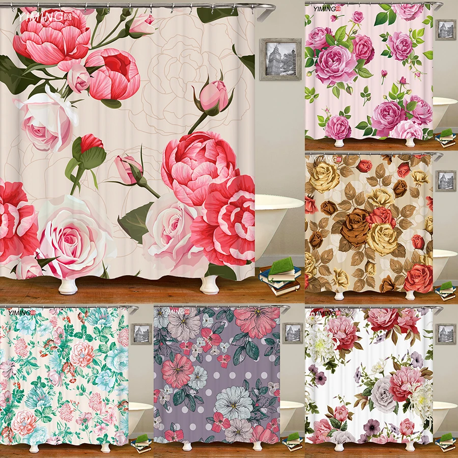 

Занавеска для душа, из полиэстера, водонепроницаемая, с принтом розы, с крючком