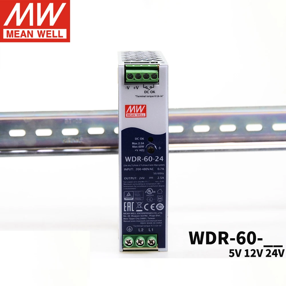 Din rail Питание WDR 60W бренд MEAN WELL представляет 5V 12V 24V 48V DC Выход DR широкий диапазон 180