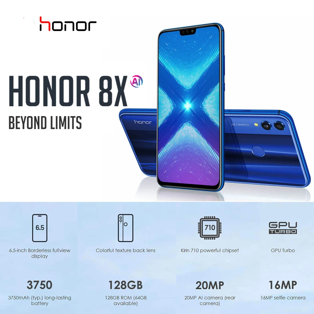 Глобальная версия Honor 8X, мобильный телефон, Безель, 6,5 дюймов, 4 Гб, 128 ГБ, Восьмиядерный, 20 МП, 3750 мА/ч, отпечаток пальца, Android 8,1