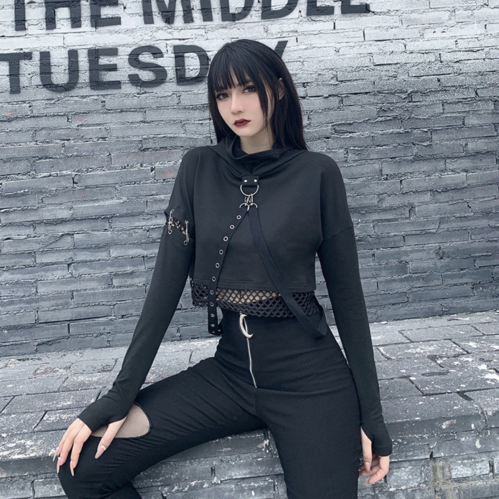 

Женская рубашка с длинным рукавом и капюшоном, укороченный топ, толстовка, пуловер, свитшот, Готическая мода