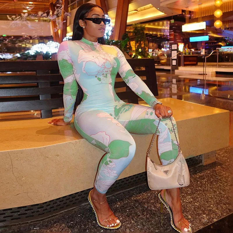 

HAOOHU winter new women's jumpauits sexy fashion casual multi print long sleeve o-neck tight stretch slim elegant jumpsuits
