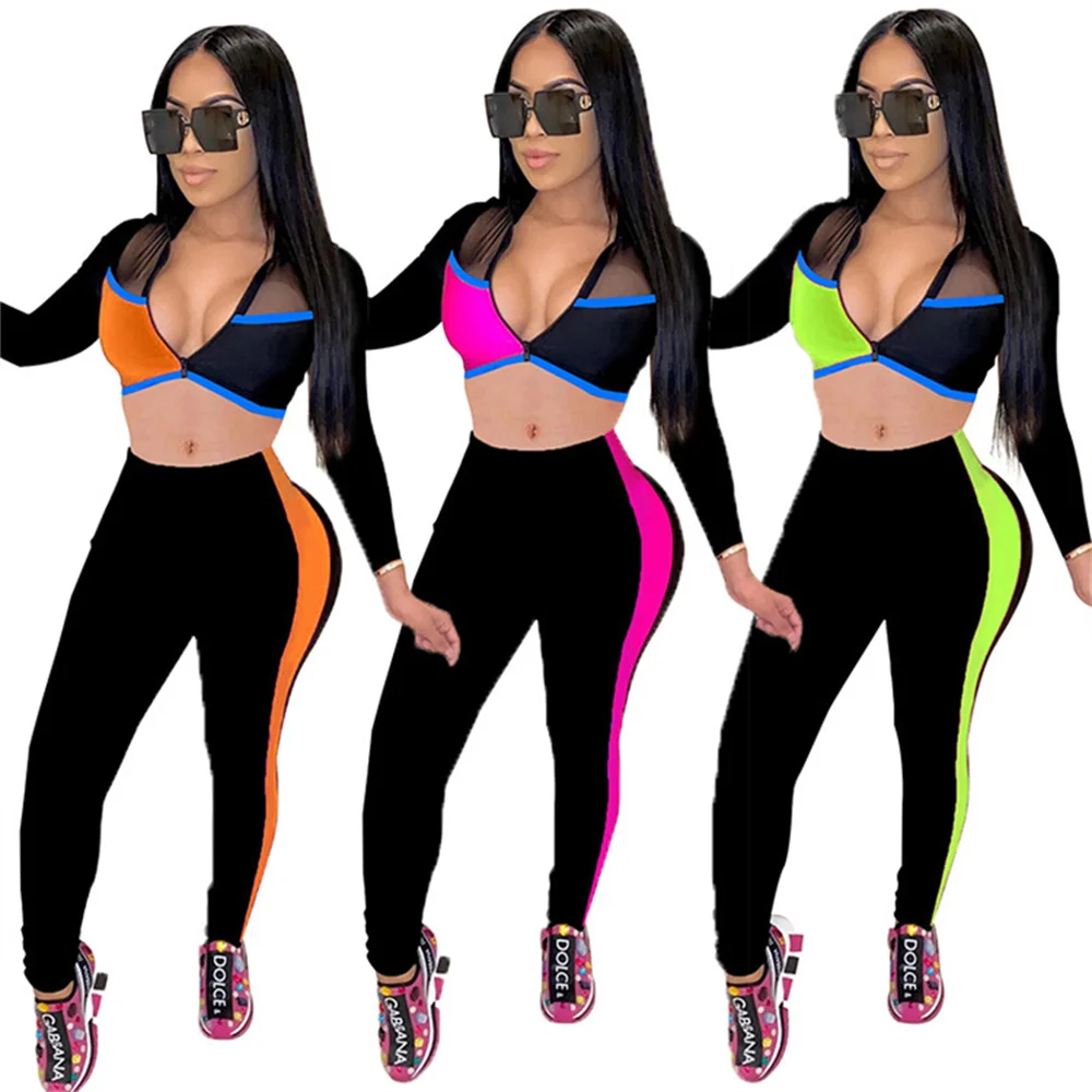 

RStylish 2021 Autumn Women Sexy Sheer Mesh Patchwork Zipper V Neck Long Sleeve Crop Top Leggings Two Piece Pants Set