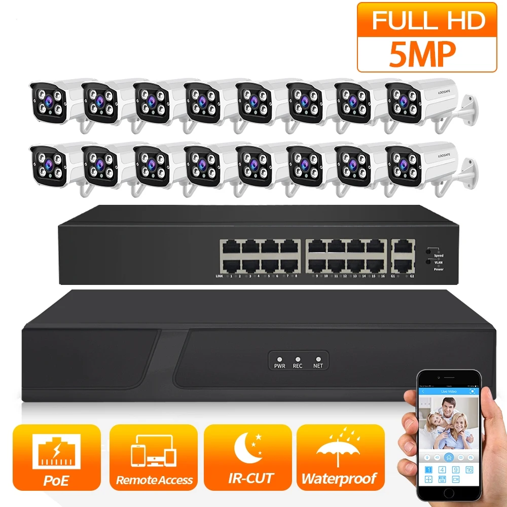 

ZGWANG H.265 16CH 5MP POE Security Camera Kit System HD CCTV DVR IR 16PCS Outdoor Waterproof CCTV Video Surveillance NVR Set