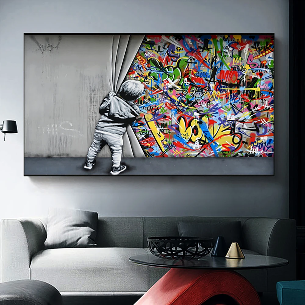

Graffiti Wall Art Banksy Canvas Painting Behind The Curtain Abstract Poster Canvas Prints Wall Pictures for Living Room Cuadros