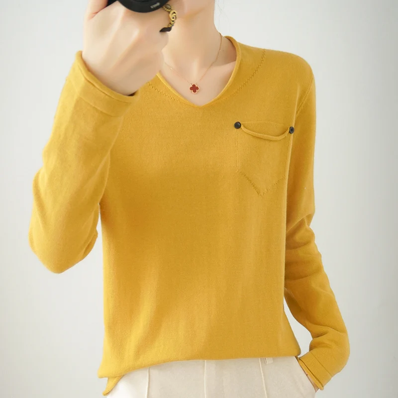 

2021 Hot New Product V-neck Full Sleeve Sweater Solid Color Knitted Loose Comfortable 100% Cotton Sweater Home Stye spring