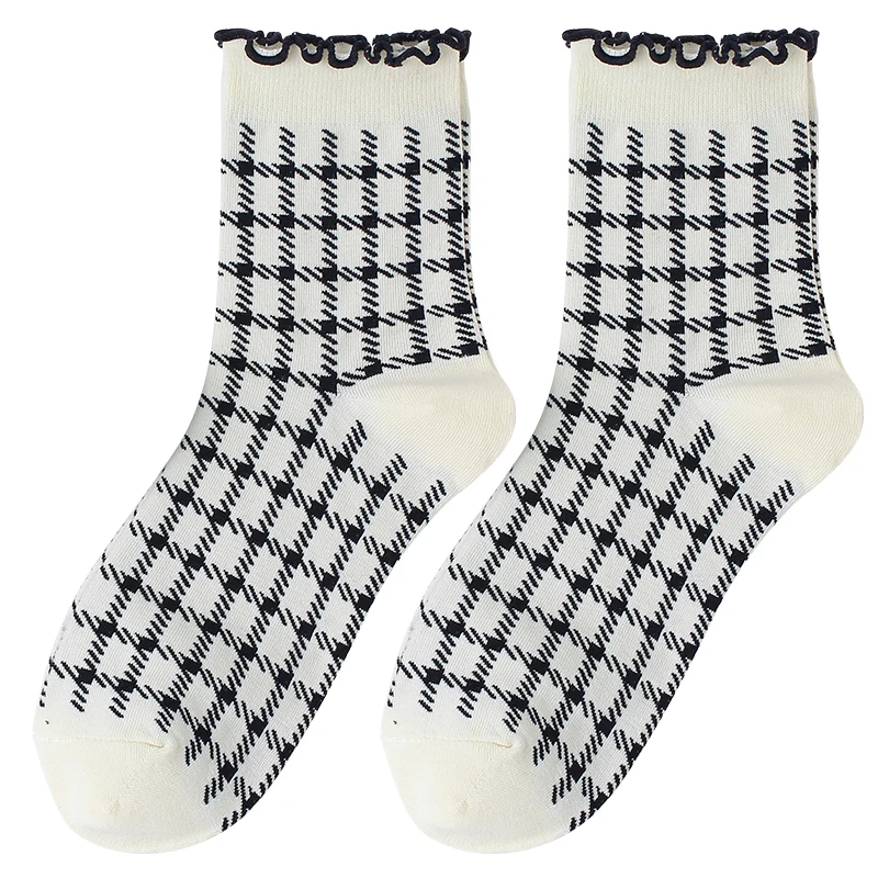 

Caramella Fashion New Plaid Women Socks 3Pairs/lot White Black Lace Socks Combed Cotton Comfy Female Socks General Thick 35-39