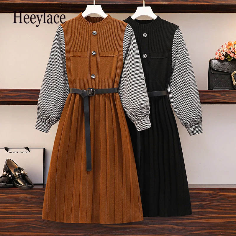 

Женское трикотажное плиссированное платье в клетку размера плюс, Осеннее ТРАПЕЦИЕВИДНОЕ ПЛАТЬЕ С Длинным Рукавом, винтажное платье в корей...