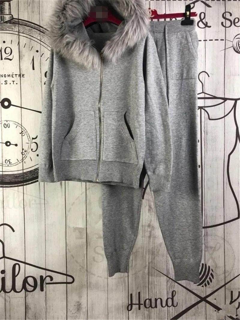 

Full Zipper Women's Knitted Set Sweater Pants Two-piece 2 Piece Outfits Real Top Fashion 2020 Collar Hooded Knit For Women Fur