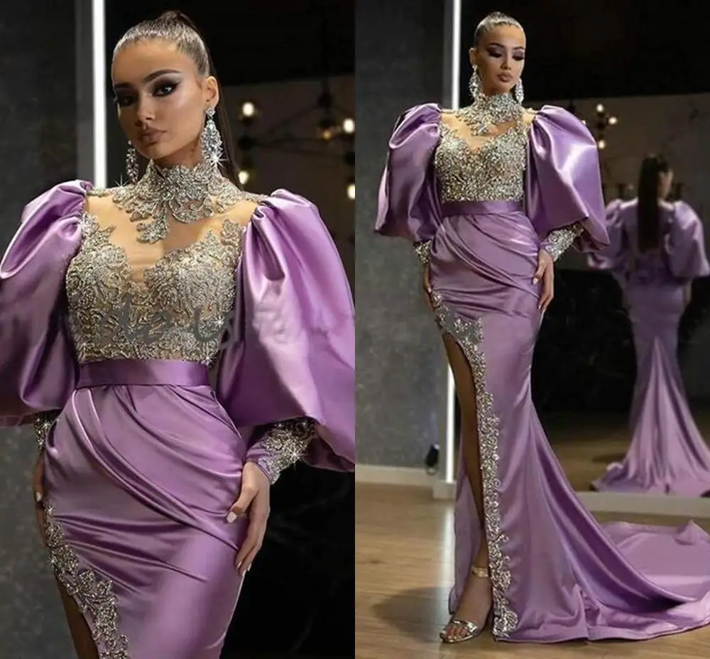 

crystal prom dresses 2021 purple high neck beading mermaid long sleeve side slit court train long evening dresses gowns