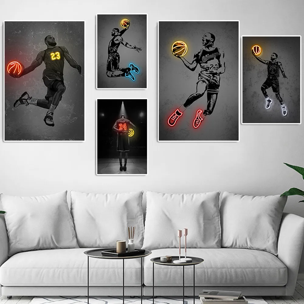 

Neon Effect Gym Wall Art Decor Famous Basketball Star Poster Print Sports Players Canvas Painting Living Room Home Decoration