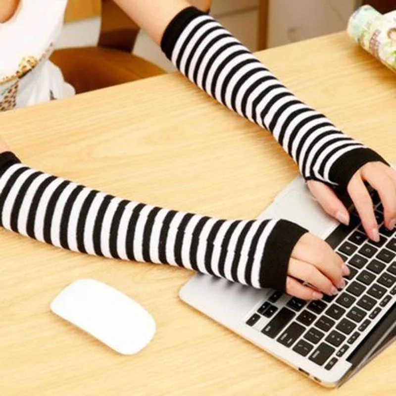 Autumn and Winter Women Anime Black White Striped Elbow Gloves Warmer Knitted Long Fingerless Arm Gloves Mittens Christmas Gift