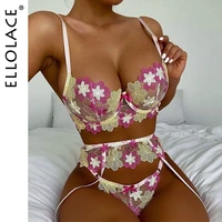ellolace floral sexy sensual lingerie womens underwear 3 piece set lace erotic brief sets garters thong underwire breves sets