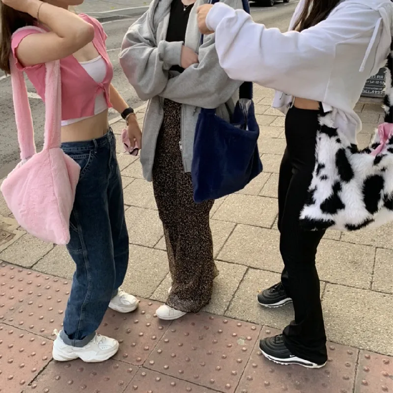 Женская шикарная пушистая сумка через плечо Y2K модная однотонная с леопардовым