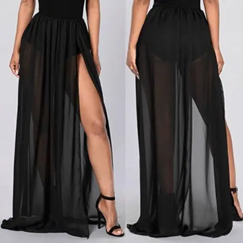 

Casual Women's See Through Sheer High Side Split Black Color See Through Pleated Chiffon Maxi Long Skirt