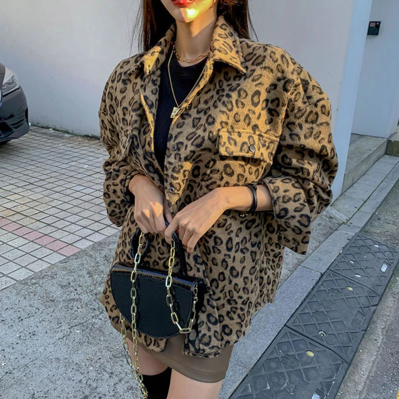 

2021 spring Vintage Leopard Jacket Plus Size Casual Leopard Female Coat Winter Tops For Woman Clothes Elegant Wool Outwear
