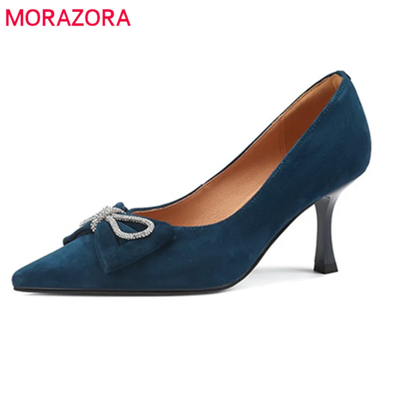 

MORAZORA 2022 Newest Party Wedding Shoes Women Pumps Suede Leather Bowknot Crystal Pointed Toe Slip On Spring Thin High Heels