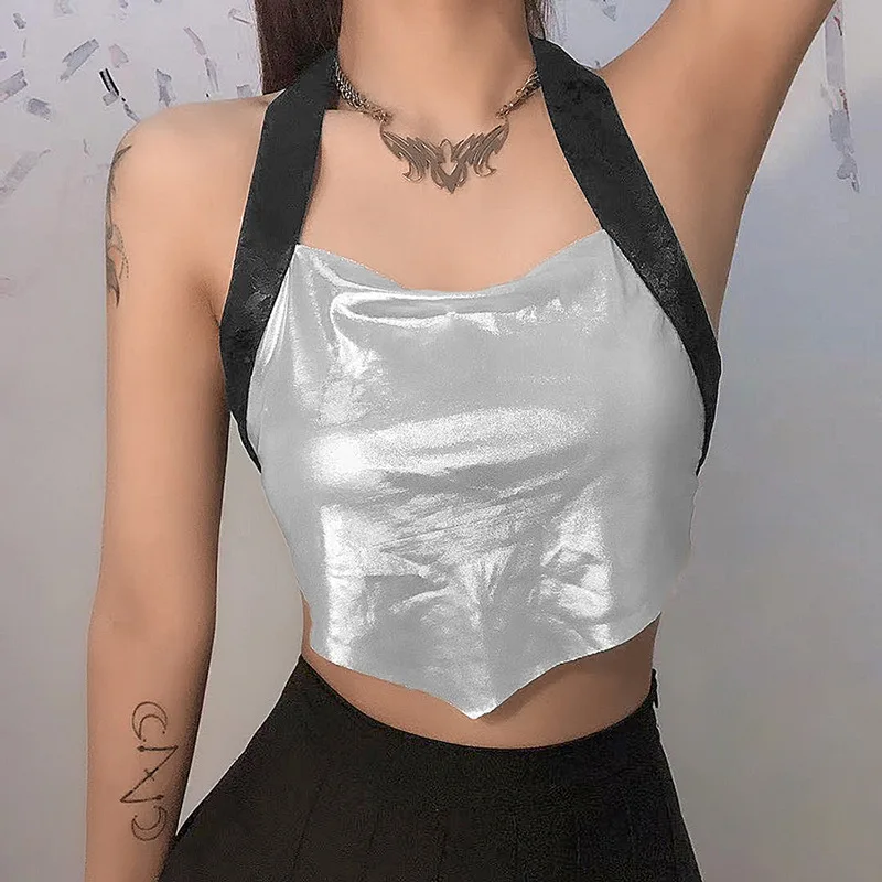 

Летние Для женщин Новый Стиль серебро с лямкой на шее, шнуровка, короткий Сексуальная майка для женщин