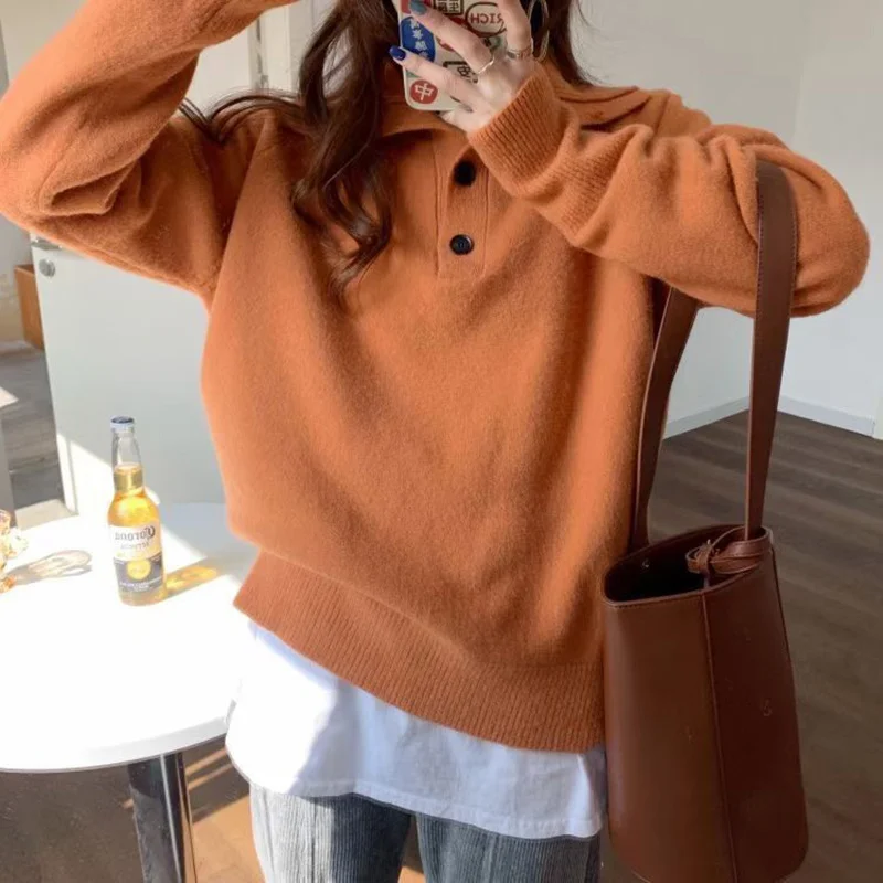 

2021 Autumn Winter New Turtleneck Button Knitted Top Female Long Sleeev Loose Sweater Women Fashion Clothing N265