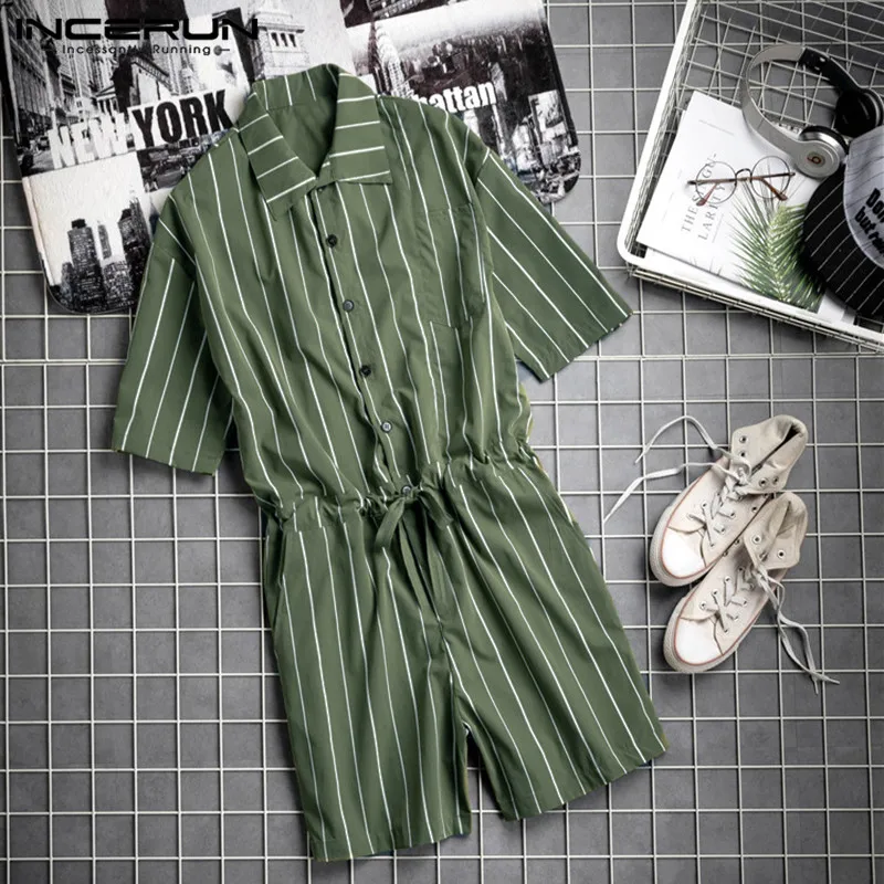 

INCERUN Summer Men Striped Jumpsuit Shorts Fashion Short Sleeve Lapel Rompers Leisur Pocket Cargo Overalls Man Shorts Streetwear
