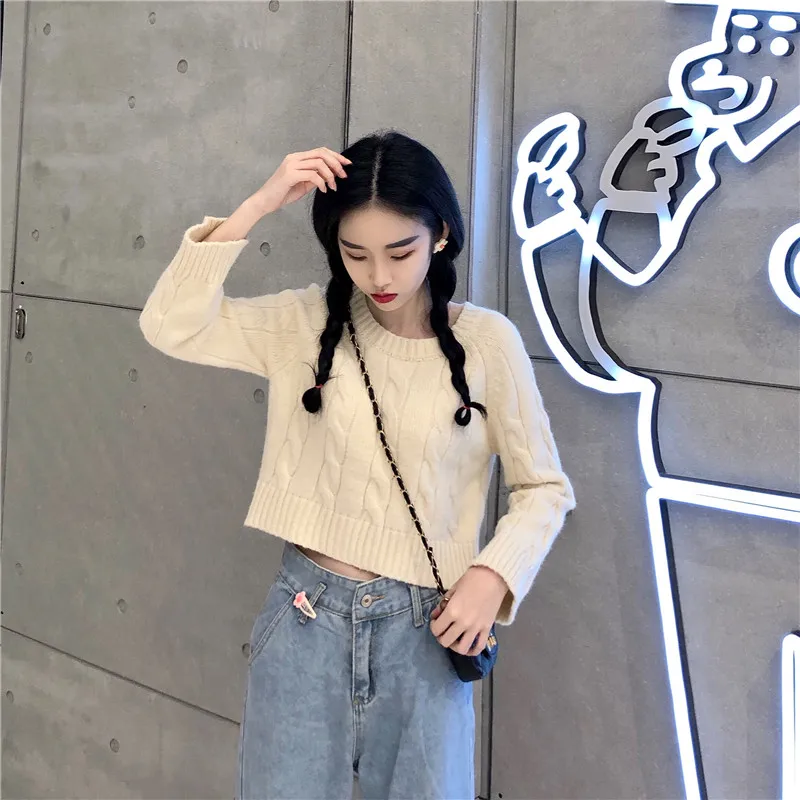 Autumn Winter New Women's Short Pullovers Sweater Twist Knitting Full Sleeve Solid Fashion Vintage Casual Tops T98506D