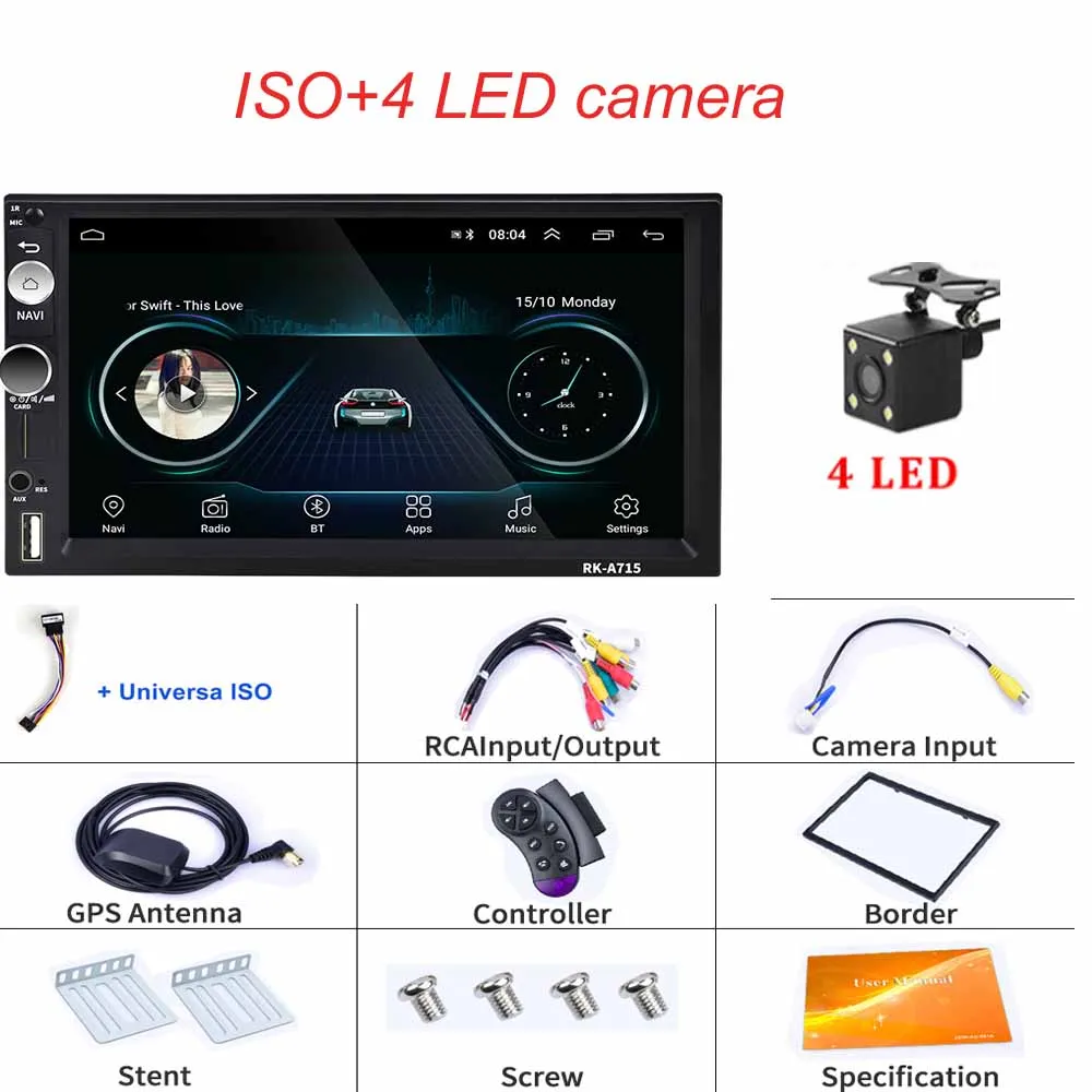 ISO cable with 4 LED Hikity 2din Andriod 8,1 автомобильный мультимедийный плеер gps навигация Bluetooth " MP5 плеер Wifi зеркальная ссылка USB автомобильное аудио-Радио стерео - Цвет: ISO cable with 4 LED