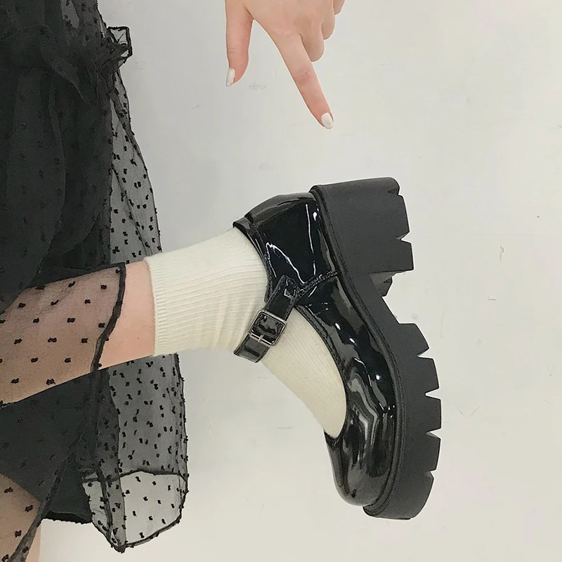 

JKPAFC 2021 New Black High Heels Shoes Women Pumps Fashion Patent Leather Platform Shoes Woman Round Toe Mary Jane Shoes Mujer