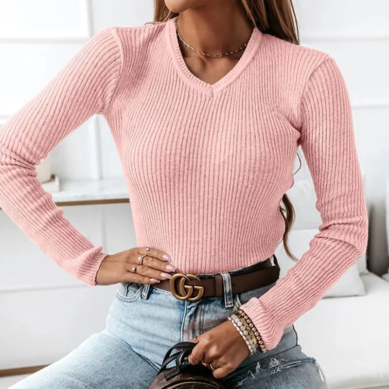 

Simple Solid Elegant V-Neck Shirts Office Lady Basic Knitted Tops Pullover Fashion Autumn Spring Casual Women Long Sleeve Blouse