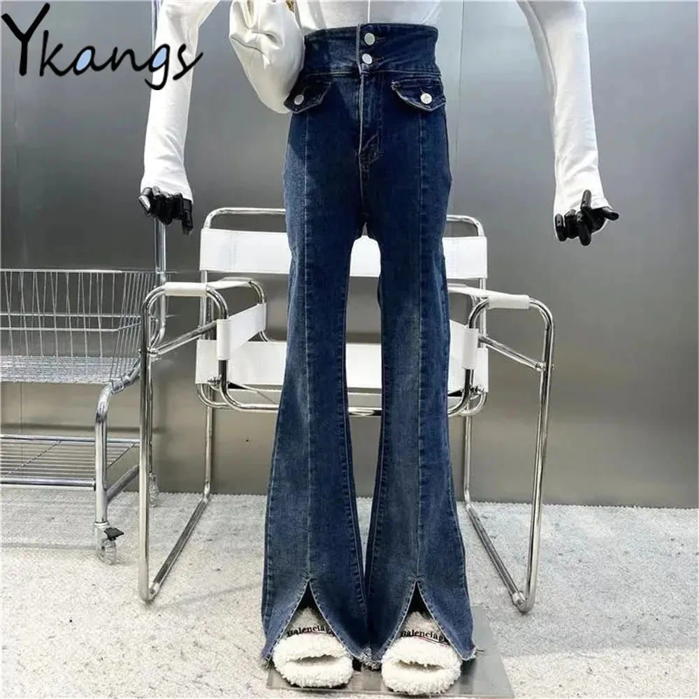 

Slimming High Waist Front Slit Buttons Vintage Bootcut Jeans Stretchy Skinny Women Denim Pants Frayed Stitching Flared Trousers