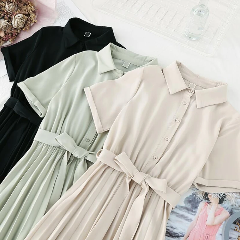 

Women Dress Summer 2020 New Solid Vintage Ruffles Bow Chiffon Long Dress Elegant Slim A-line Pleated Dress Casual Vestidos