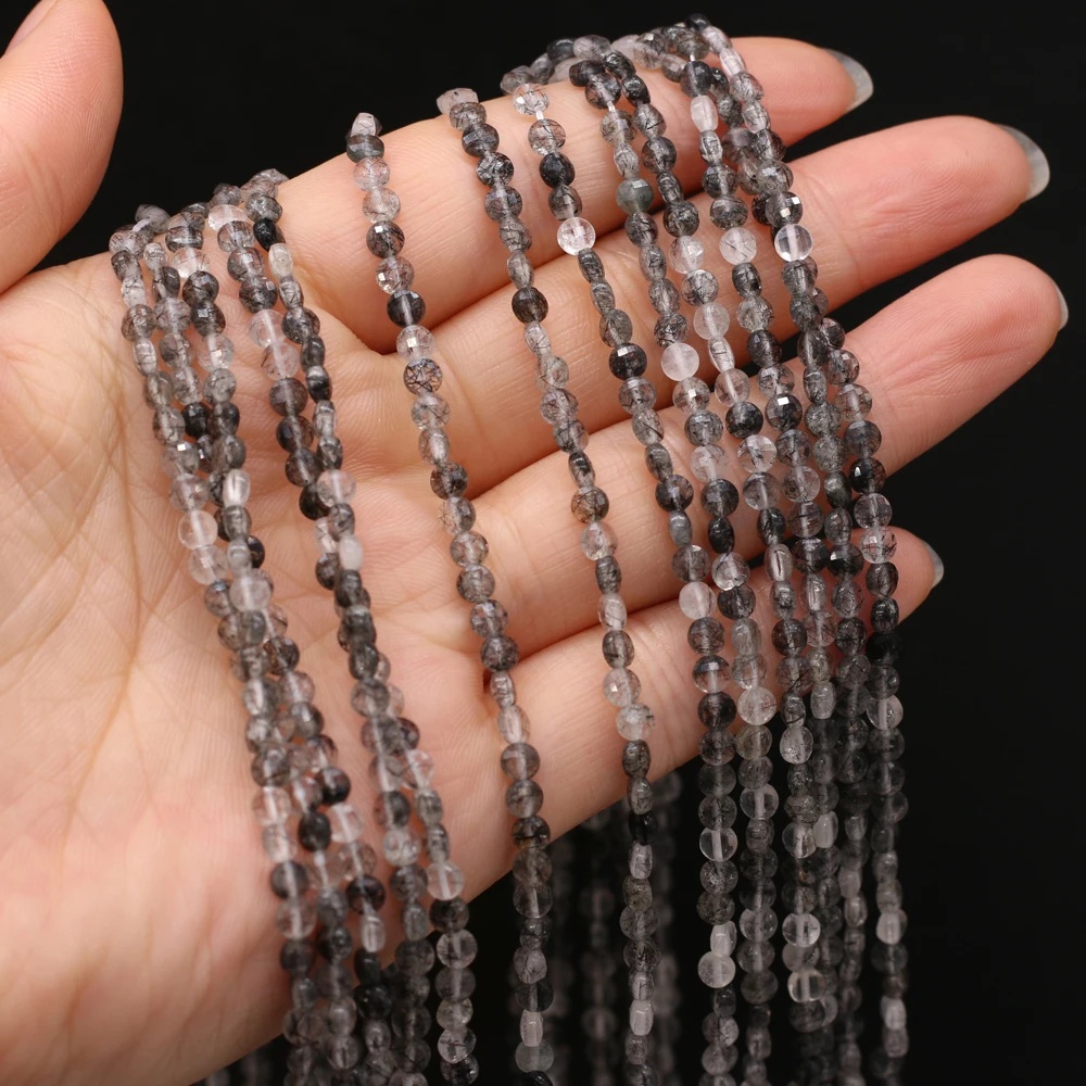 

Natural Stone Faceted Beads Flat Round Black Rutilated Quartzs for DIY Trendy Bracelet Necklace Accessories