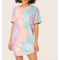 mid length tie dyed o neck tees dress women short sleeved casual home cotton ladies summer t shirt dresses 2021 dropshipping