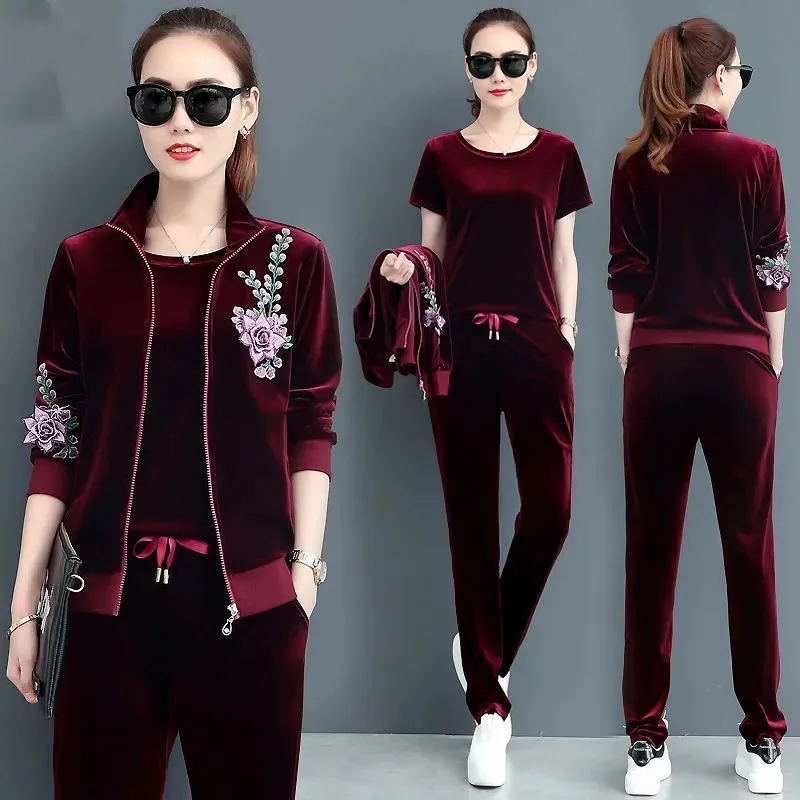 Women Velvet Tracksuits 2021 Print Hooded Jacket+Trousers Three Sets Gold Sportswear Suit Plus Size 4XL Female Pants Set |