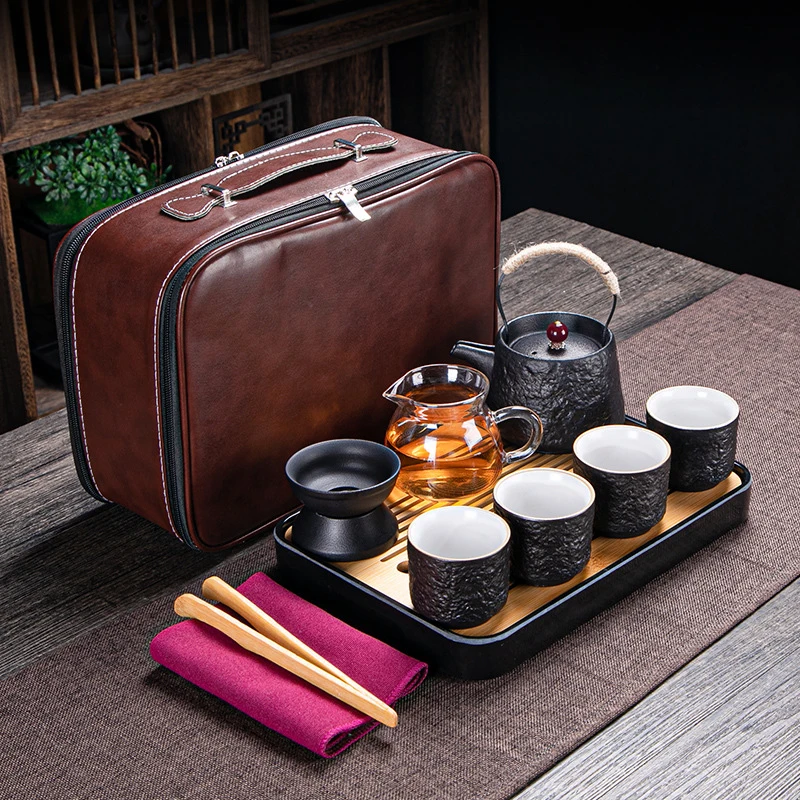 Retro Black Travel Tea Set Chinese Handmade Teaset Convenient Kung Fu Teaware Pottery Lifting Beam Pot Ceramic Tea Cup Gift Good