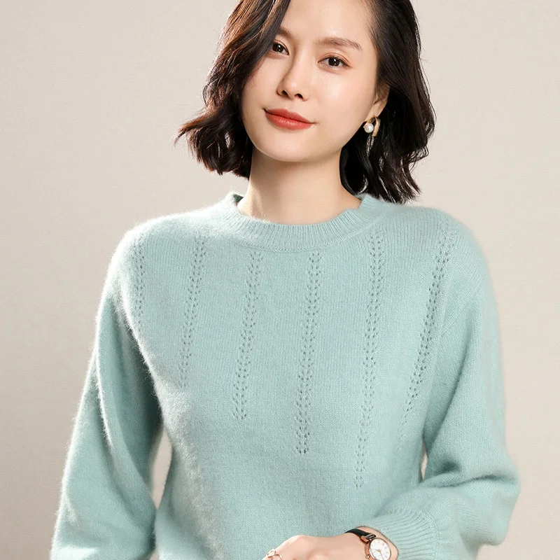 Женский свитер из норковой шерсти пуловер с круглым вырезом свободные рукавами в