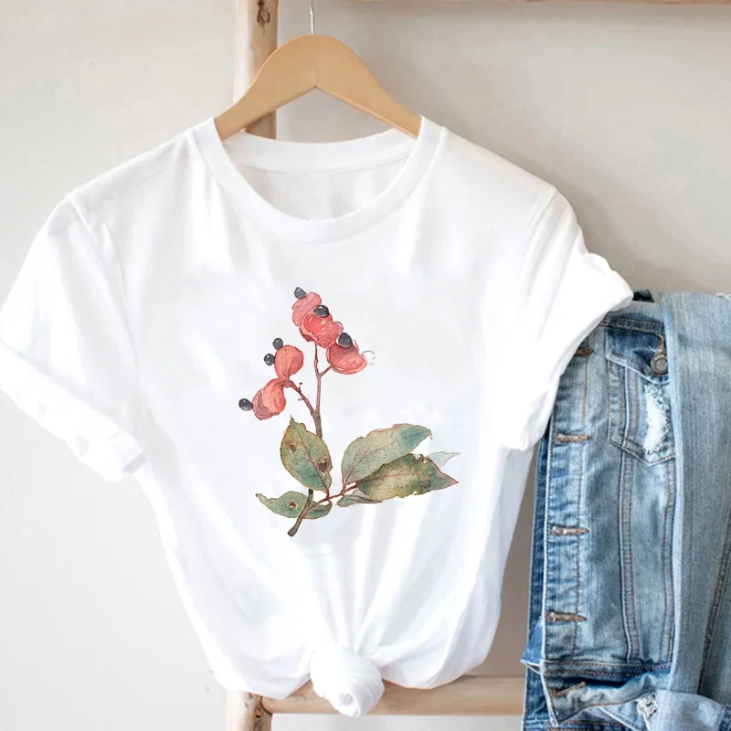 

Cottagecore Harajuku Goth T-Shirts Clothing Printing Flowers Women Plus Size White Black T-Shirts Plant Women's Summer Top