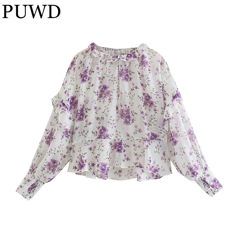 

PUWD Casual Women Long Sleeve Blouses 2021 Summer Fashion Ladies Flower Print Streetwear Shirts Sweet Girls Chic Short Tops