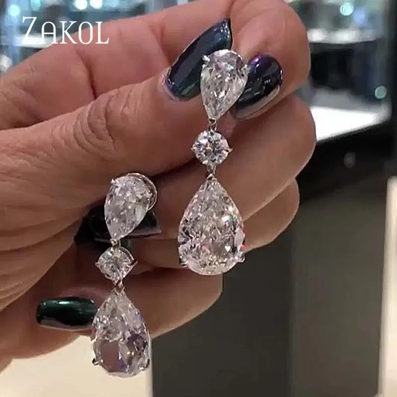 ZAKOL Роскошные Шикарные Длинные серьги с белыми кристаллами и каплевидными