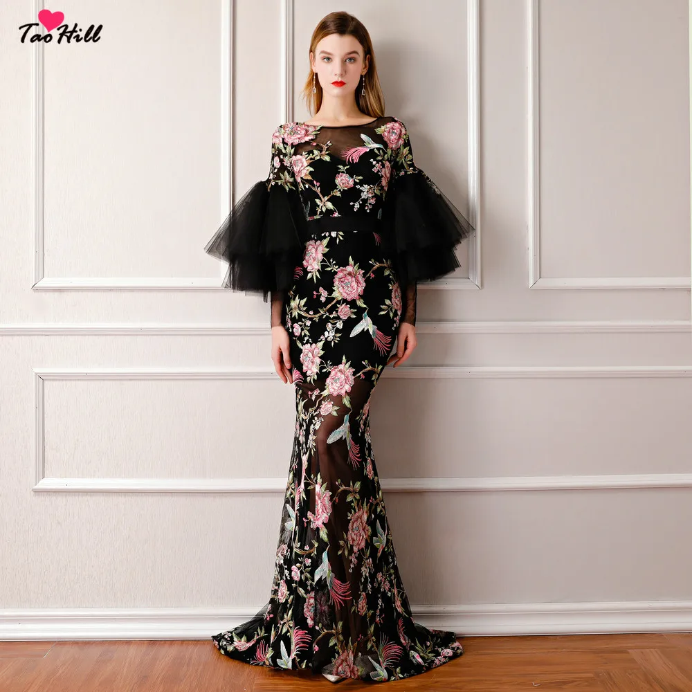 

TaoHill Bell Sleeve O-neck Flower Printed Long Black Dress for Women Mermaid Vestido Longo De Festa Evening Dress