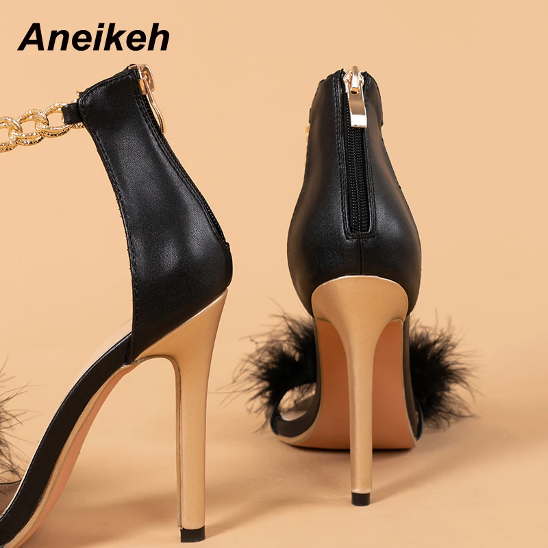

Aneikeh 2021 NEW Summer Women's Shoes Party Wedding Metal Decoration FEATHER PU Fashion Peep Toe Sandalias Mujer Ankle-Wrap ZIP