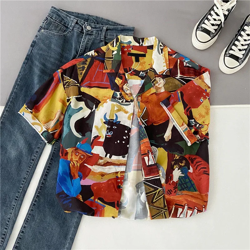 

EBAIHUI 2021 Summer New Women's Shirts Cute Character Print Harajuku European Style Blouse Short Sleeve Chiffon Top Female Blusa