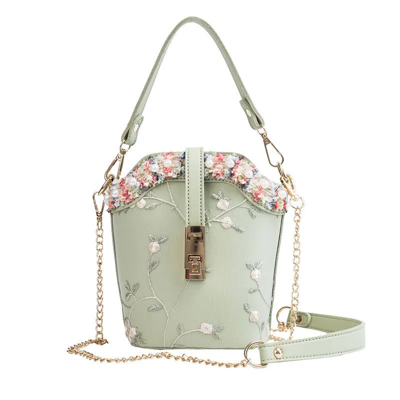 

Female Bucket Crossbody Bags For Women 2021 Luxury Handbags Designer Ladies Hand Flowers Embroidery Pearl Shoulder Messenger Bag