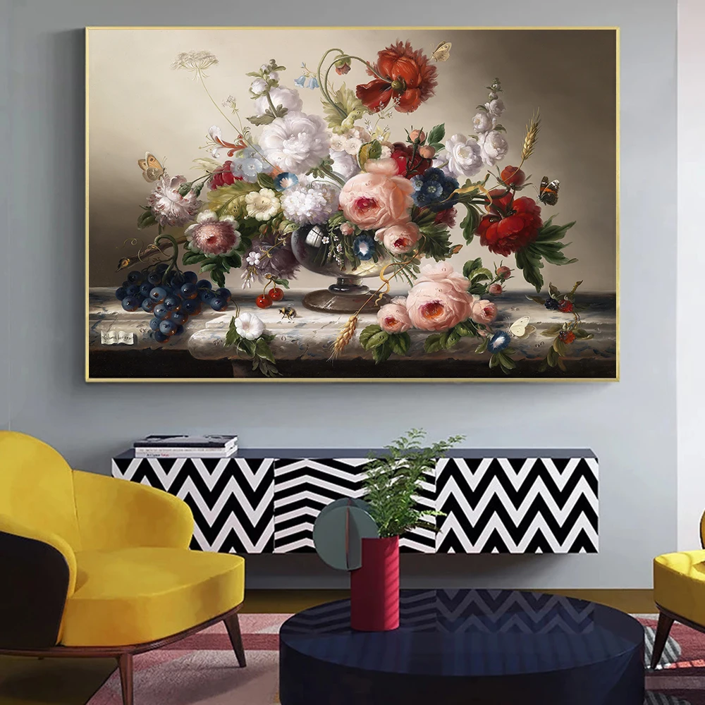 

Classic Still Life Flowers Posters and Prints Wall Art Canvas Painting Flowers Arrangement Wall Pictures for Living Room Decor